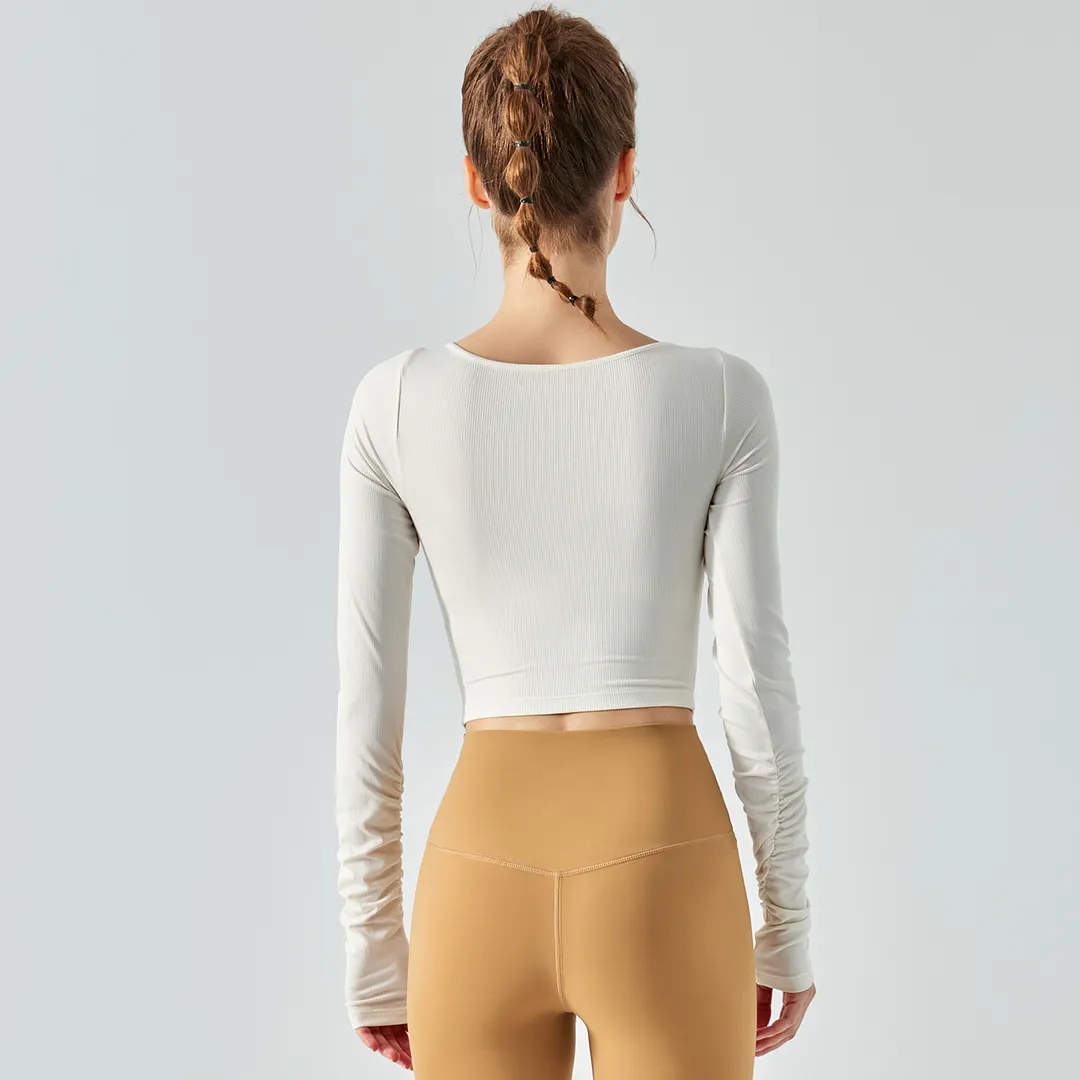Shop Milk Tea White scrunch hollow-out slim fit long sleeve ribbed active running t-shirt online on Hergymclothing 