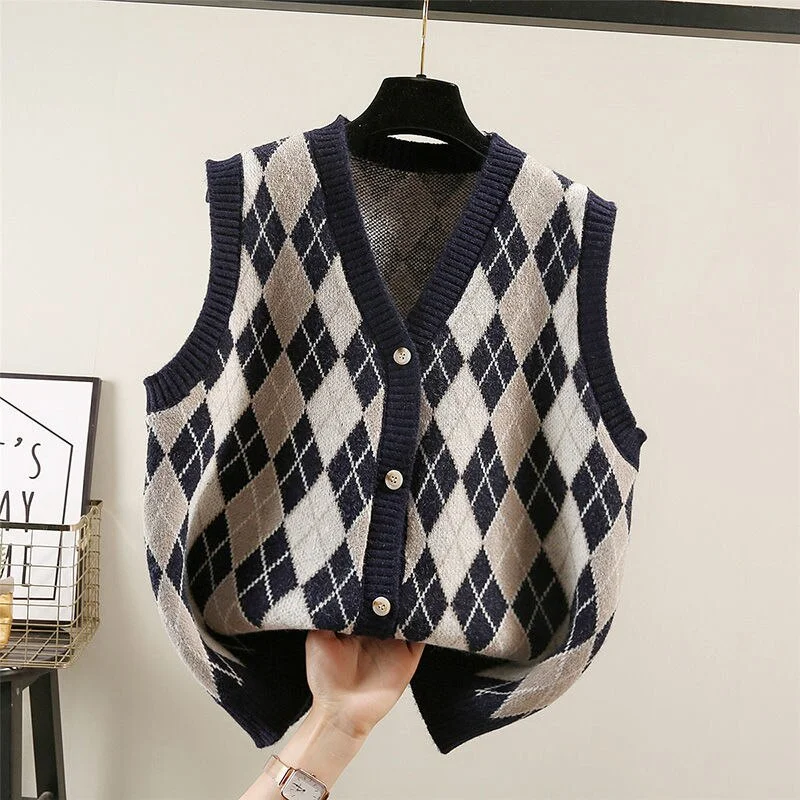 V-neck Argyle Sweater Vest Women Single Breasted Sleeveless Knitted Waistcoats Students Preppy Retro Leisure All-match Baggy New