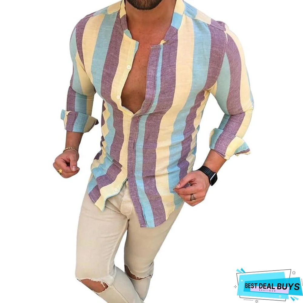 Men's Fashion Colorful Stripe Shirts Printed Casual Slim Fit Long Sleeve Square Collar Vacation Male Social Business Tops