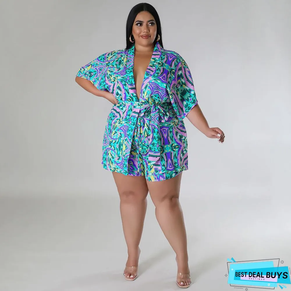 Summer Plus Size Loose Print Blouse Lace-Up Shorts Multi-Color Two-Piece Set