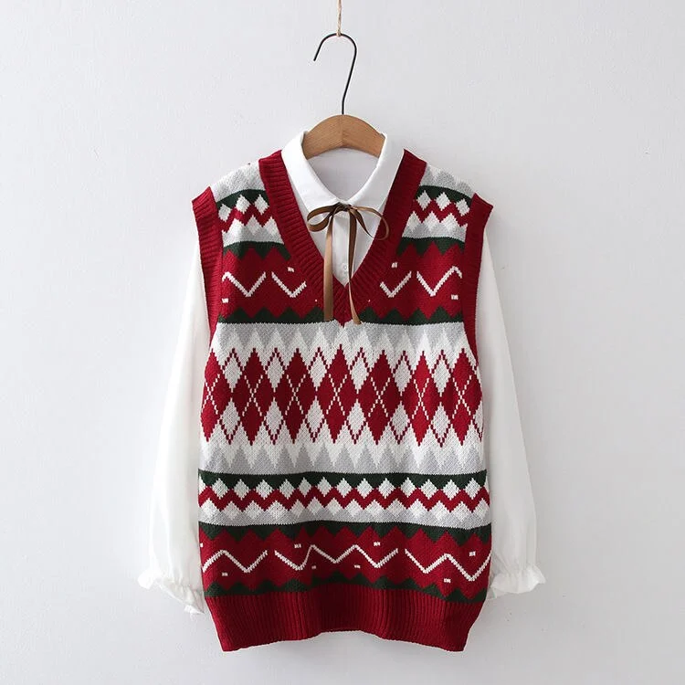 Sweater Vest Women Vintage Floral Vintage Japanese Style Students All-match Chic Fashion V-neck Loose Kawaii Sleeveless Sweaters