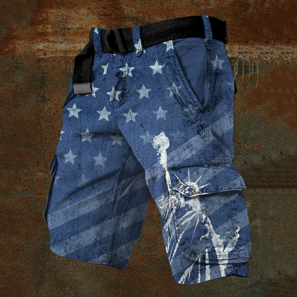  Men's Vintage Usa Flag & Statue Of Liberty Washed Cargo Shorts Westsshops