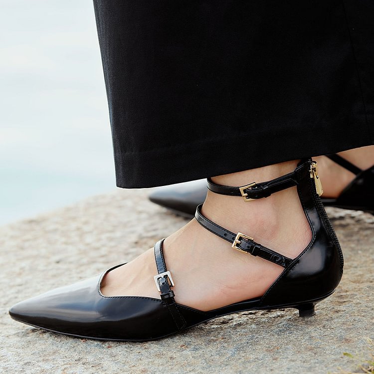 Women's Elegant Pointed Toe Strappy Shoes Kitten Heel Black Pumps |FSJ Shoes