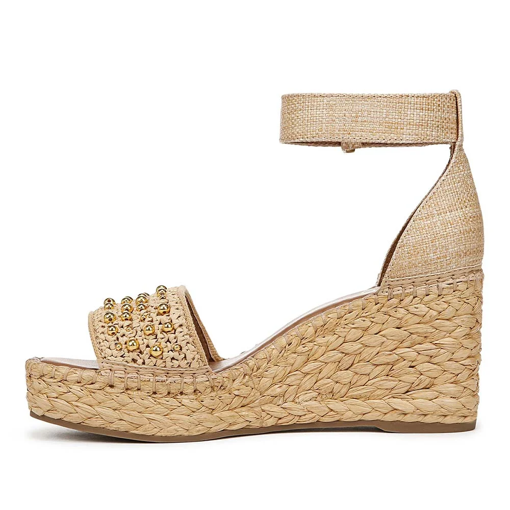 Beige Open-Toe Ankle Strap Espadrille Wedge Sandals with Beads
