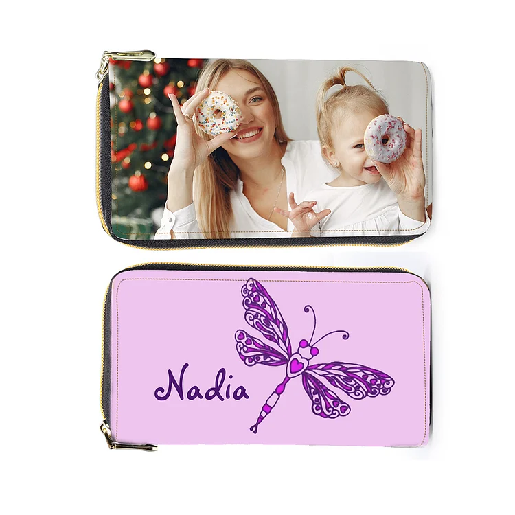 Women Photo Wallet Personalized Dragonfly Leather Zipper Wallet Mother's Day Gift