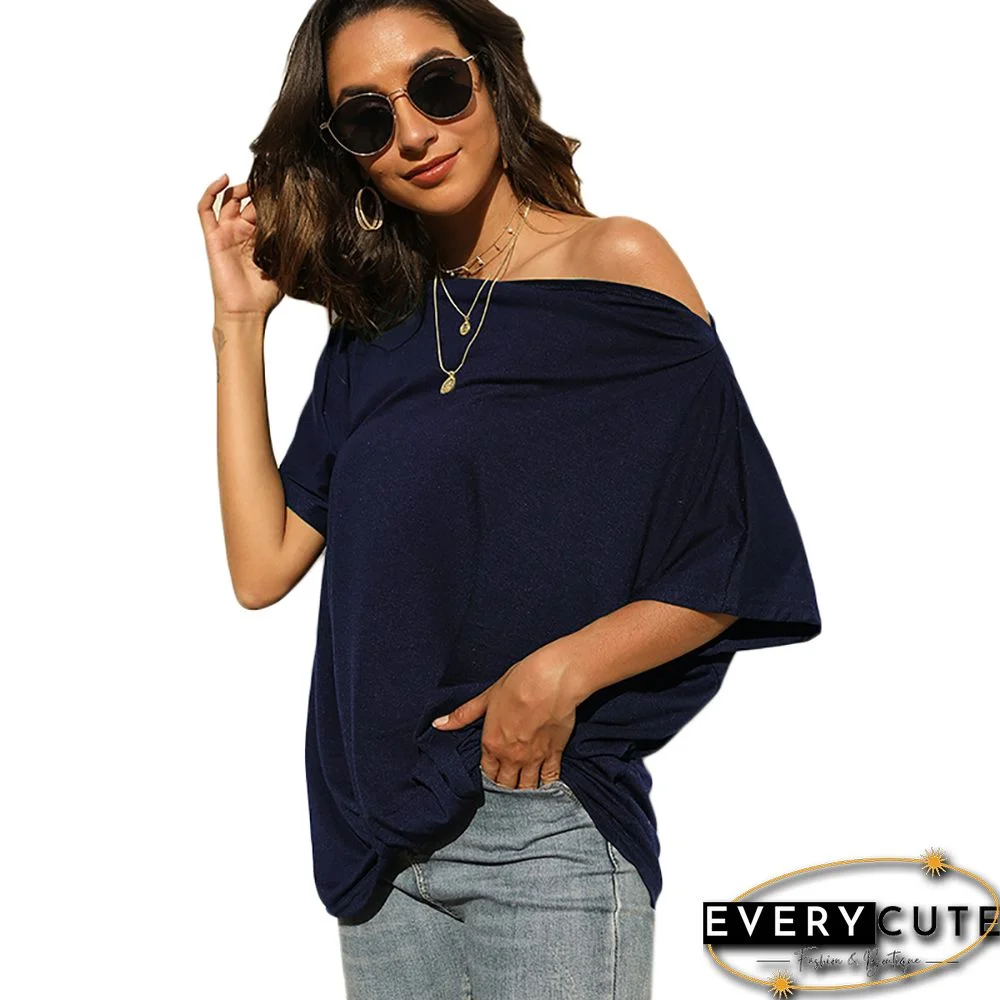Navy Blue Off Shoulder Irregular Top