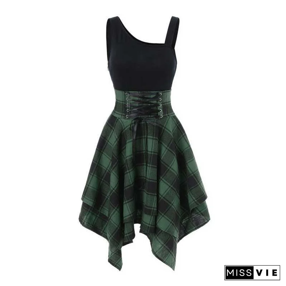 Contrast Plaid Elastic Waist Irregular Dress