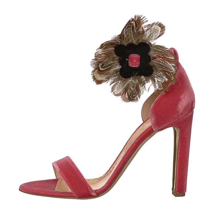 Red Velvet Feather Chunky Heel Ankle Strap Sandals |FSJ Shoes