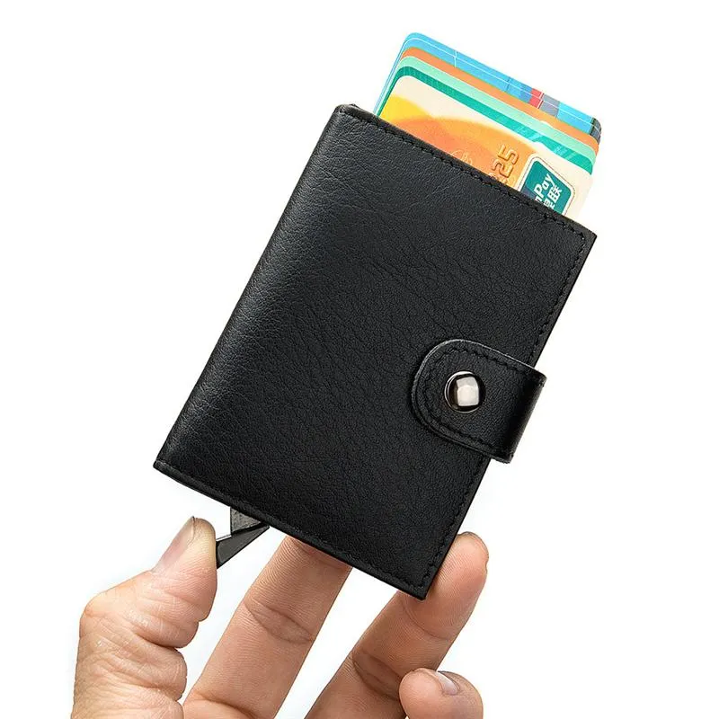 Simple Design RFID Protection Magnetic Closure Two Fold Genuine Leather Card Holder Mini Wallet