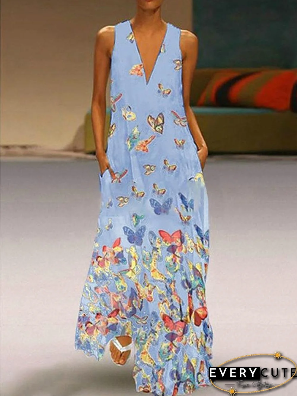 Women's A-Line Dress Maxi long Dress - Sleeveless Butterfly Animal Print Summer Deep V Plus Size Hot Casual Beach  White Purple Yellow Blushing Pink Light Blue S M L XL XXL 3XL 4XL 5XL White Dresses