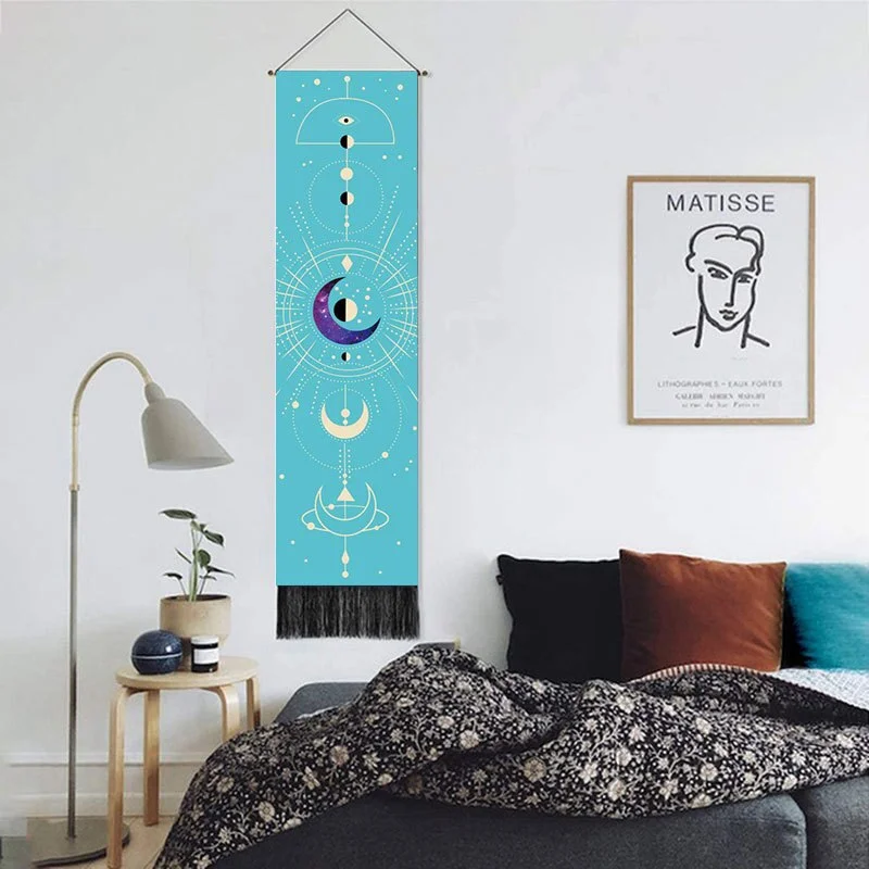 Moon Phase Tapestry Wall Hanging Lunar Eclipse Cycle Tassel Carpet Sun Moon Tapestries Bohemian Psychedelic Wall Decoration