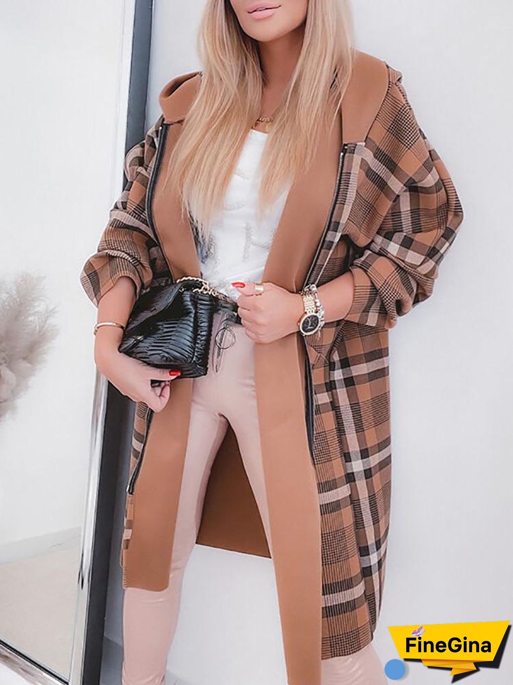 Zipper Plaid Women Coat With Hood