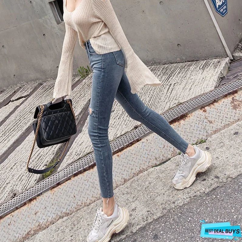 Christmas Gift Button Fly Women Jeans High Waist Denim Pants Women High Elastic Skinny Pants Ripped Hole Stretchy Women Trousers