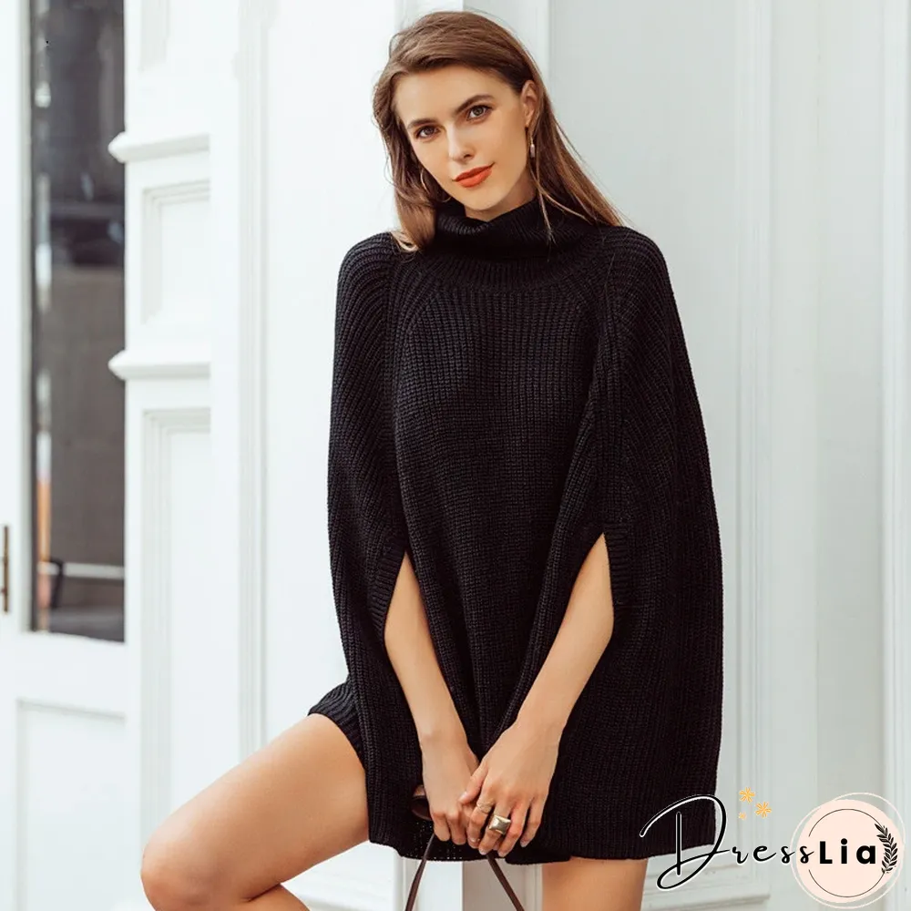 Fashion Cape Turtleneck Sweaters Women Fall Elegant Sleeveless Poncho Coats Female Batwing Knitted Oversized Jumpers Mujer