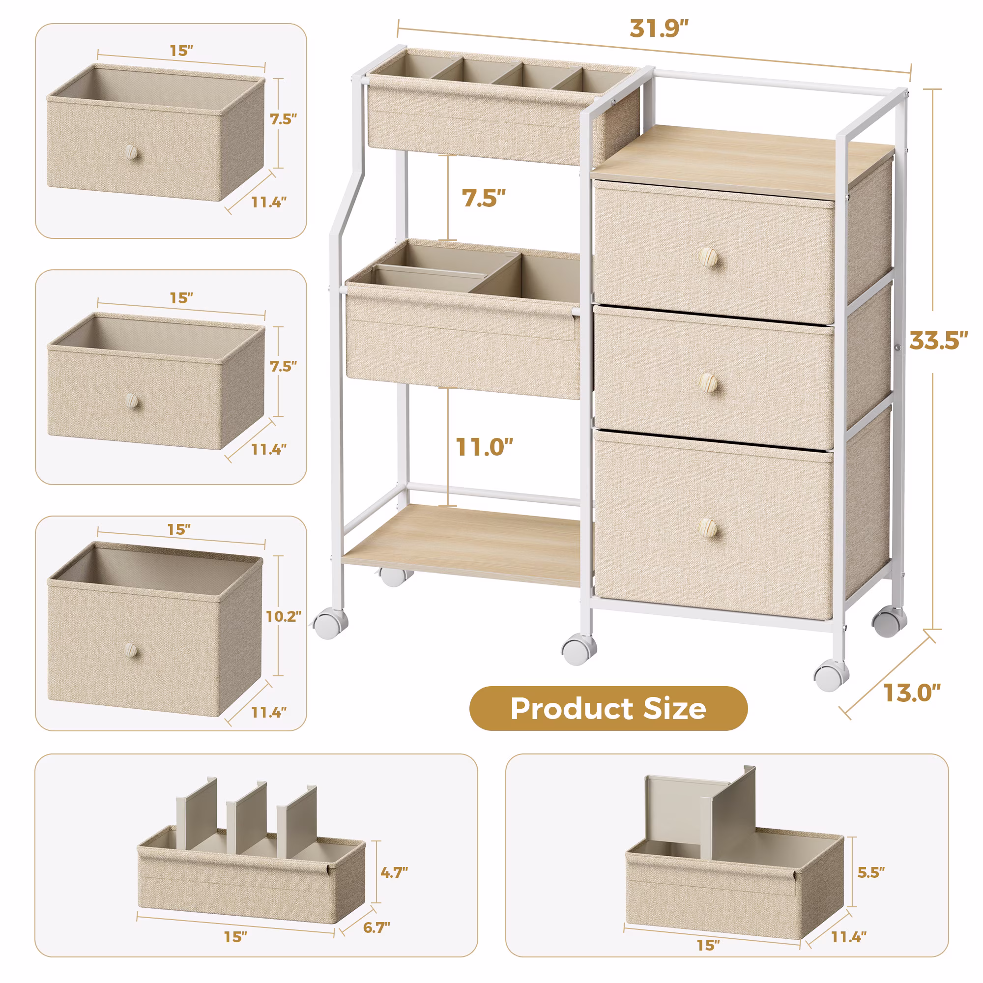 Baby Diaper Organizer and Storage Cart - 3 Tiers with Dividers and Drawers for Nursery, Bedroom, Changing Table and Crib