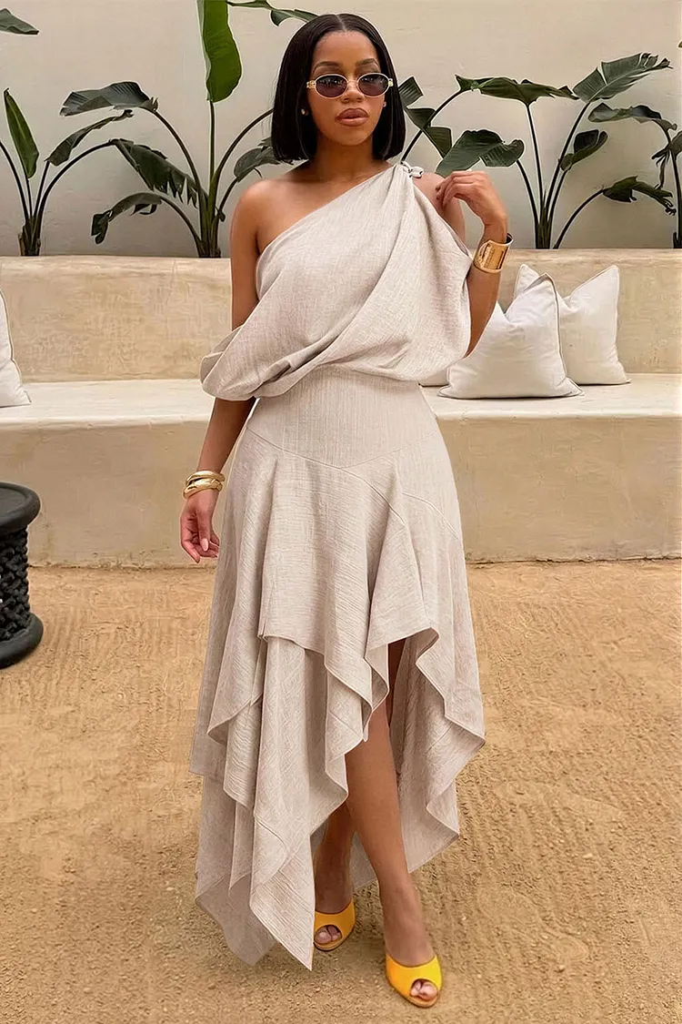beige high low dress Kmonabie Women Ruffle Flowy Asymmetrical High Low Slit Hem Sleeveless Deep V Neck Maxi Dress Boho Casual Beach Vacation Sundress Summer Hollowed Out Midi Dress, Beige M
