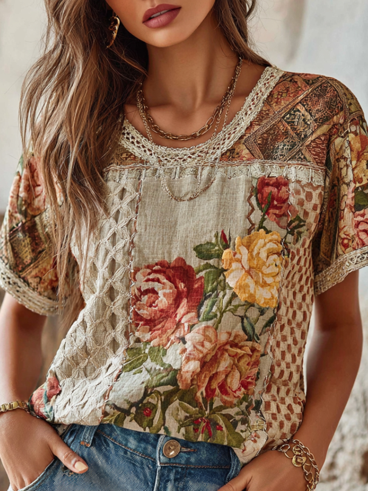 Vintage Oil Painting Style Floral 3d Jacquard Cotton Linen Crew Neck Short Sleeve elevenforest