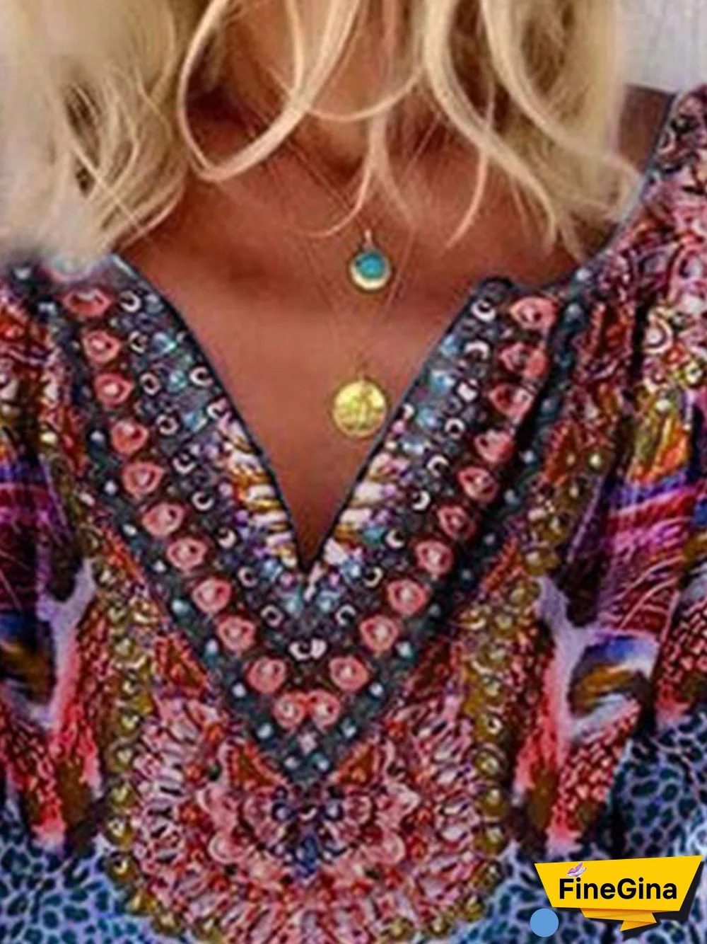 Vintage 3/4 Sleeve V Neck Geometric ;Leopard Floral Printed Plus Size Casual Tops