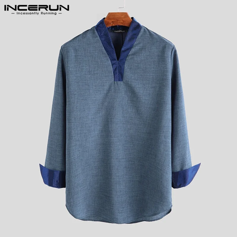 INCERUN Men Shirt Streetwear V Neck Long Sleeve Patchwork Fitness Vintage Casual Shirts Men Indian Clothes Plus Size 2022