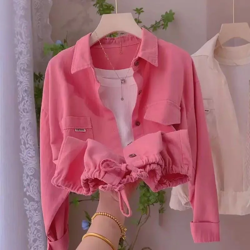 Athvotar Athvotar And Autumn New Polo Collar Loose Shirt With Open Shirt Under The Shirt Jacket Female Pink Rope Coat