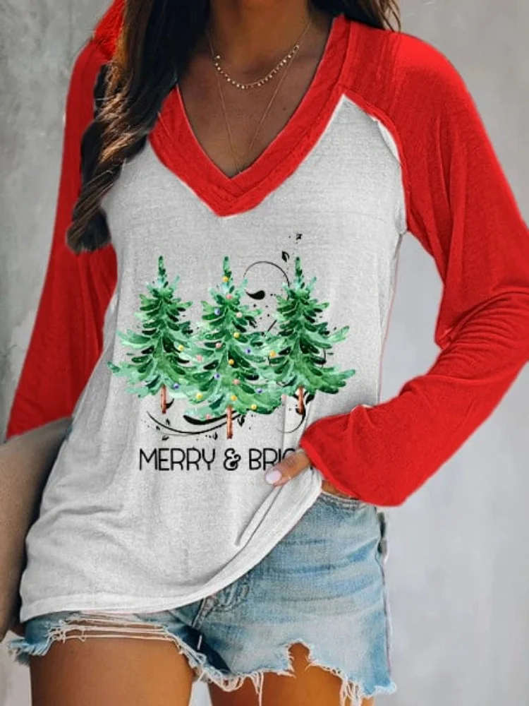 Vefave Merry And Bright Printed Colorblock V Neck T Shirt