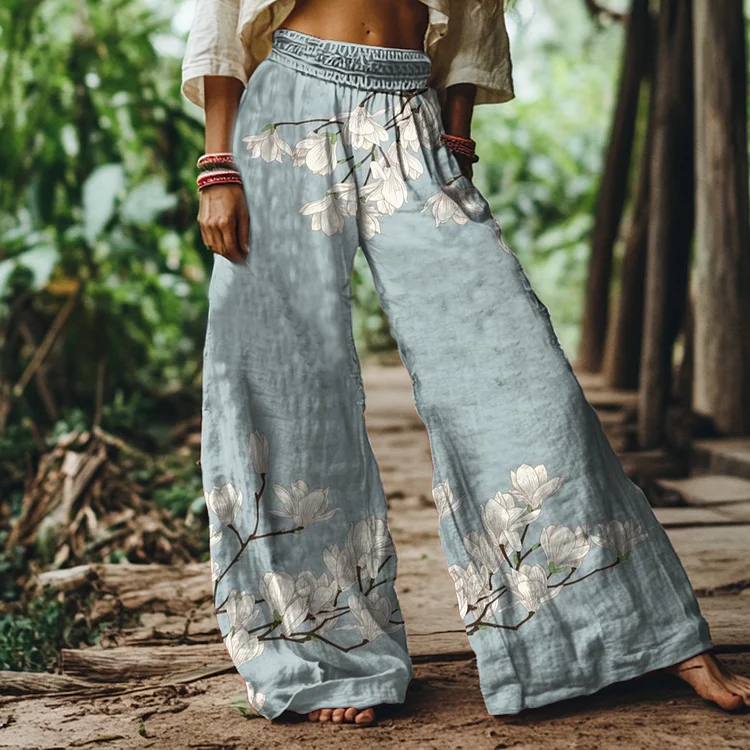 Vintage Floral Art Print Loose Wide-leg Pants