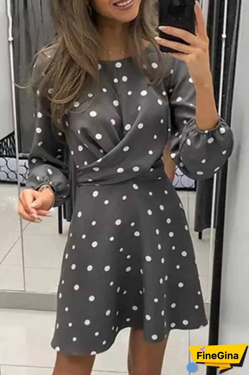 Loose Round Neck Long Sleeve Polka Dot Mini Dress