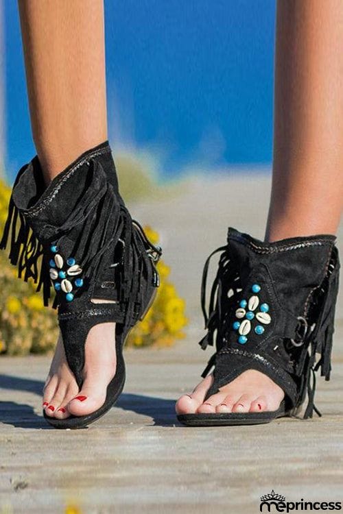 Tassel Beaded Toe Post Flat Sandals