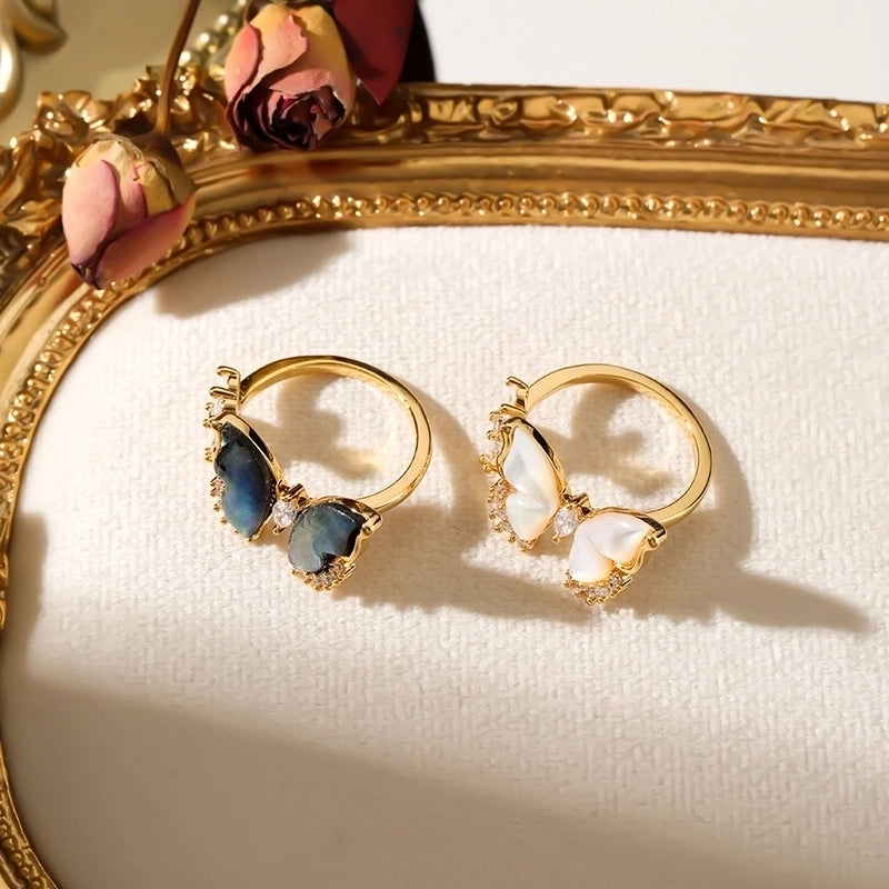 Copper 18K Gold Plated Inlay Butterfly Shell Zircon Open Rings