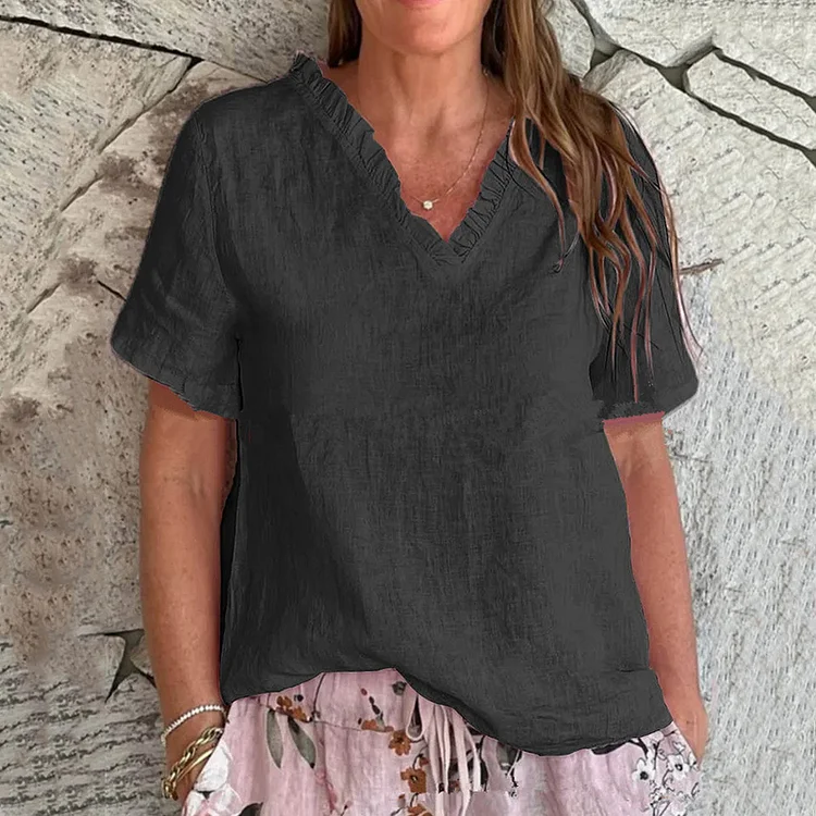 Women's Vintage Lace Cotton And Linen V-neck T-shirt
