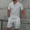 Men's Casual Waffle-Knit Two-Piece Set: Zip-Collar T-Shirt & Shorts by Inlyline