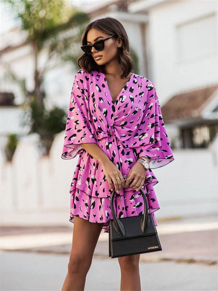 Fashionable Printed Wave Sleeve Dress For Women