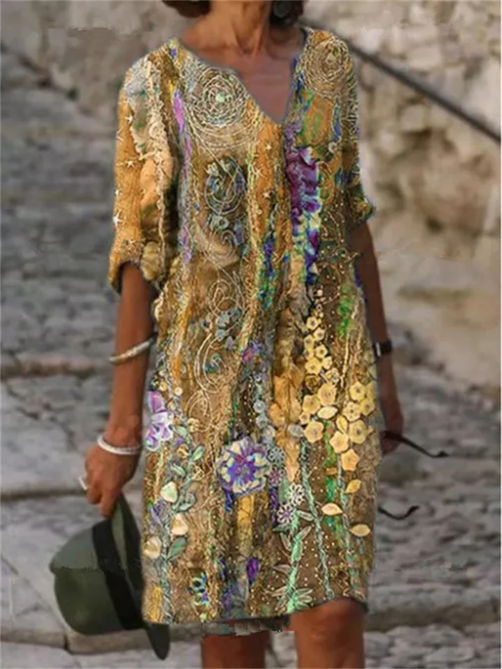Women's Shift Dress Knee Length Dress 3/4 Length Sleeve Floral Print Print Fall Winter V Neck Casual 2022 S M L XL XXL XXXL 4XL
