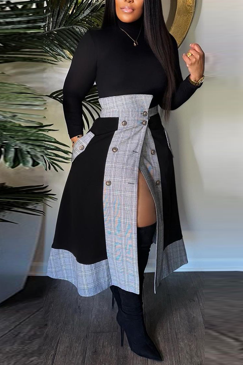 Casual Daily Elegant Plaid Patchwork Patchwork Pocket Buttons Turtleneck Long Sleeve Dresses