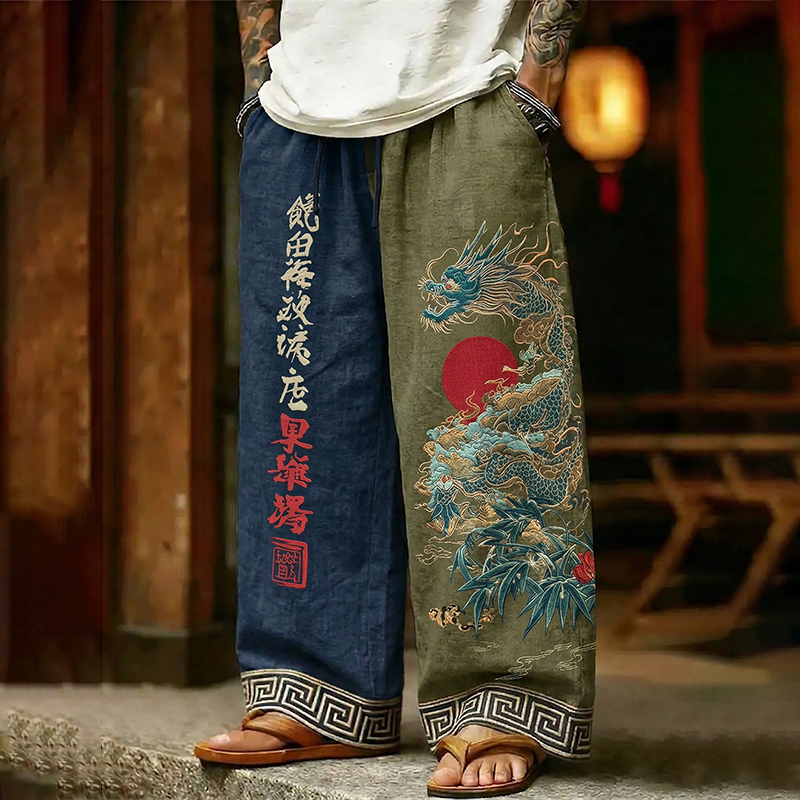Japanese Style Dragon And Calligraphy Art Linen Blend Pants elevenforest