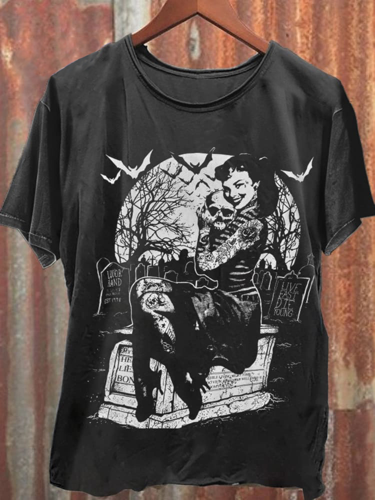 Unisex Vintage Tattoo Girls Graveyard Skull Punk Print Crew Neck T Shirt / Rvogue / Rvogue