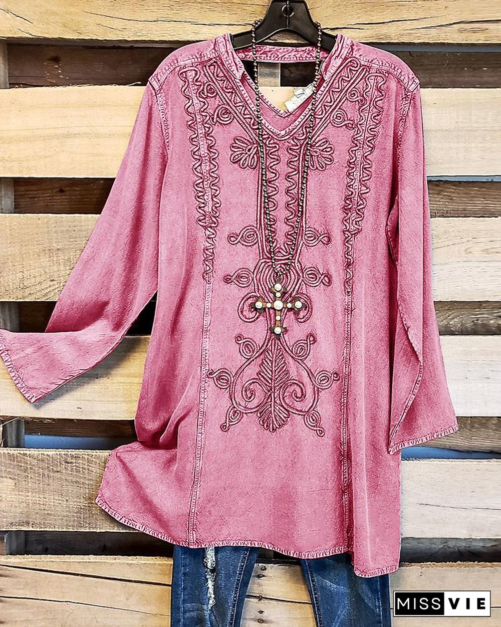 Women's Ethnic Pattern Print V-Neck Long Sleeves Casual Denim Top