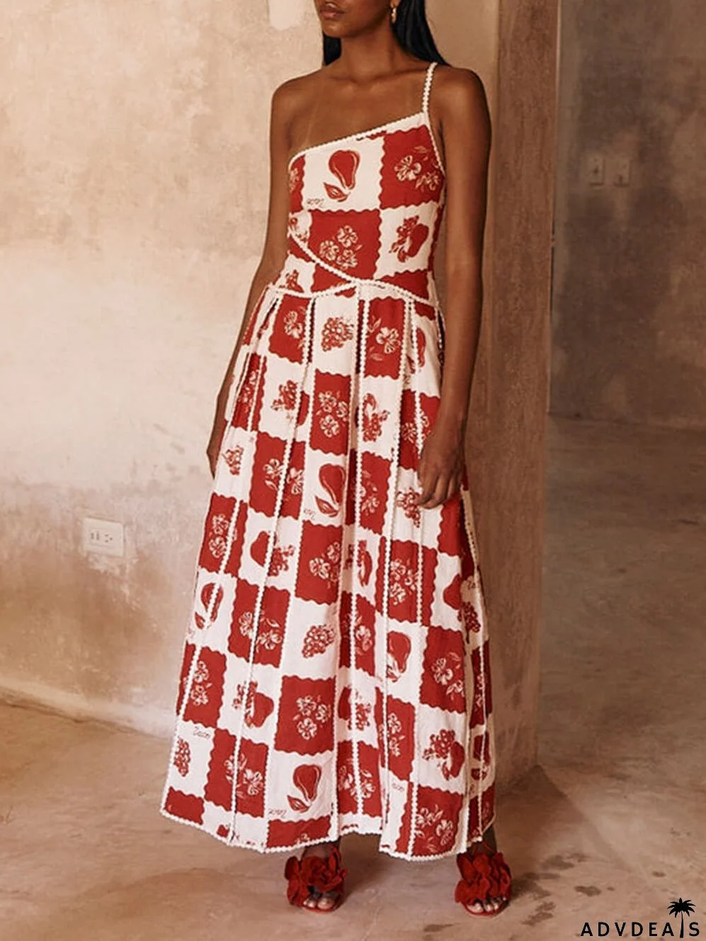 Floral Trim Unique Printed One Shoulder Flared Maxi Dress
