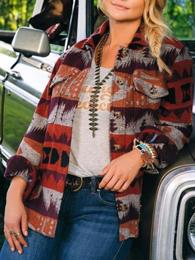Red Long Sleeve Shirt Collar Outerwear Jackets