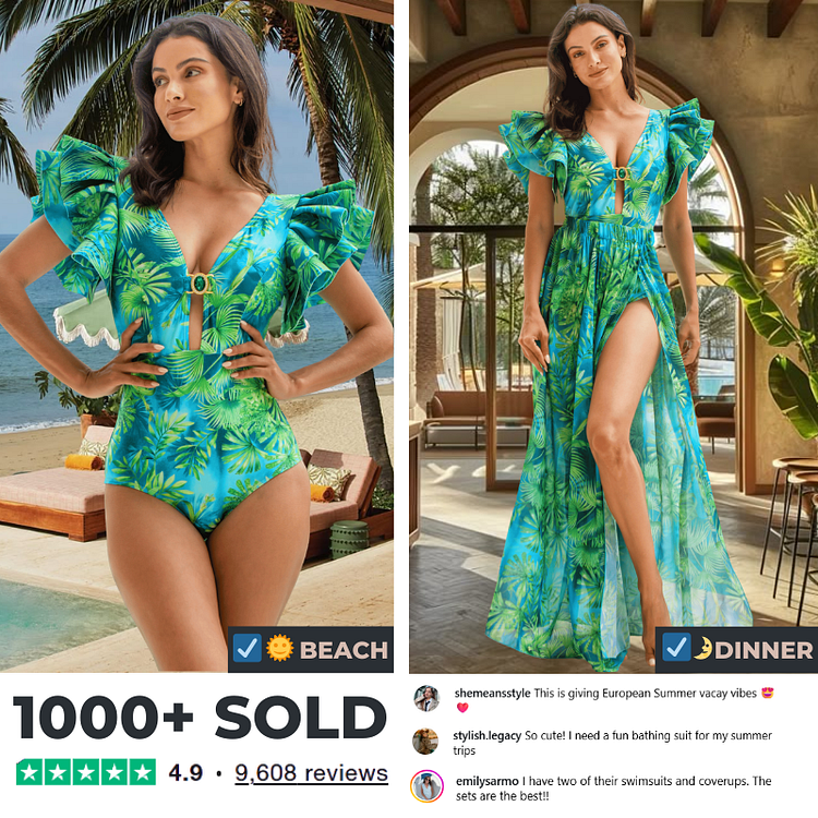 Ruffled Jungle Green Print One Piece Swimsuit and Skirt