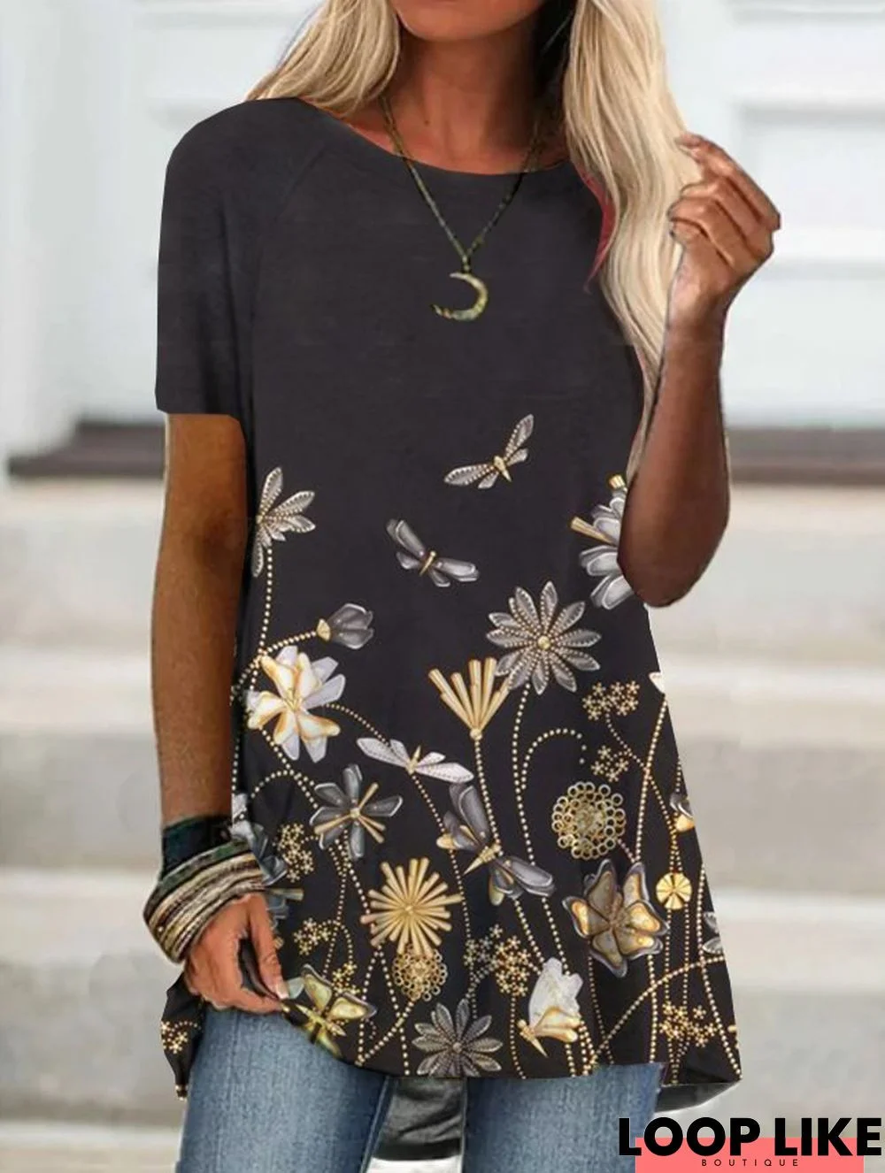 Floral  Short Sleeve  Printed  Cotton-blend  Crew Neck Vintage Summer  Black Top