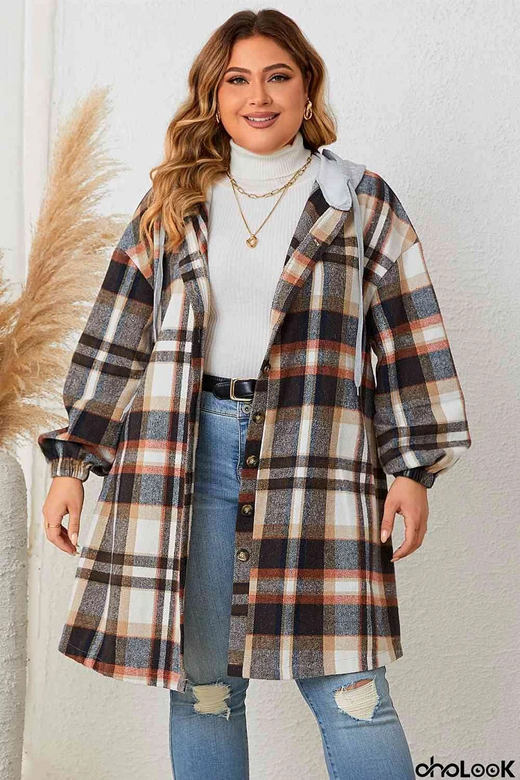 Plus Size Plaid Drop Shoulder Hooded Coat