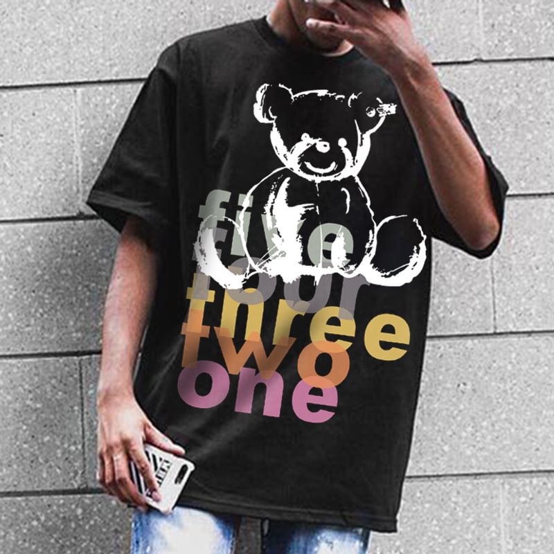 Men's Bear Print Casual Loose T-Shirt、、URBENIE