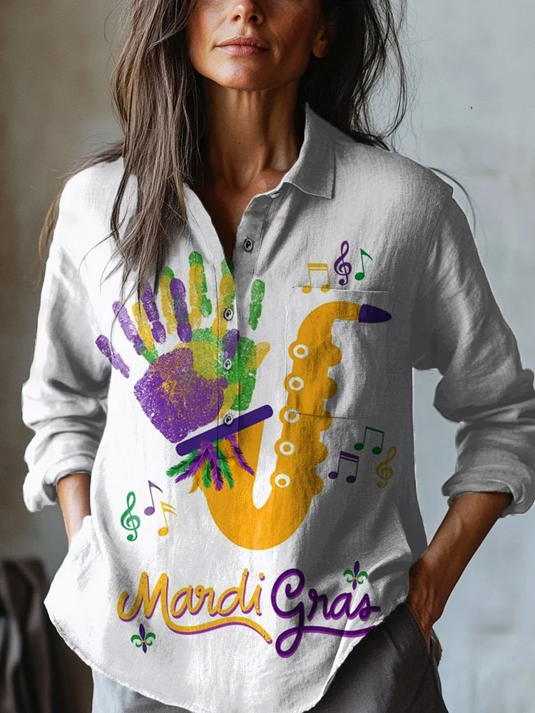Women's   Mardi Gras  Art Print Casual Cotton And Linen Shirt