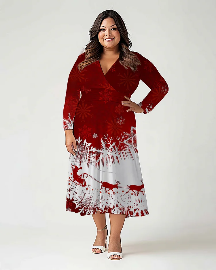 Plus Size Women's Christmas Prints  Long Sleeve V Neck Dress