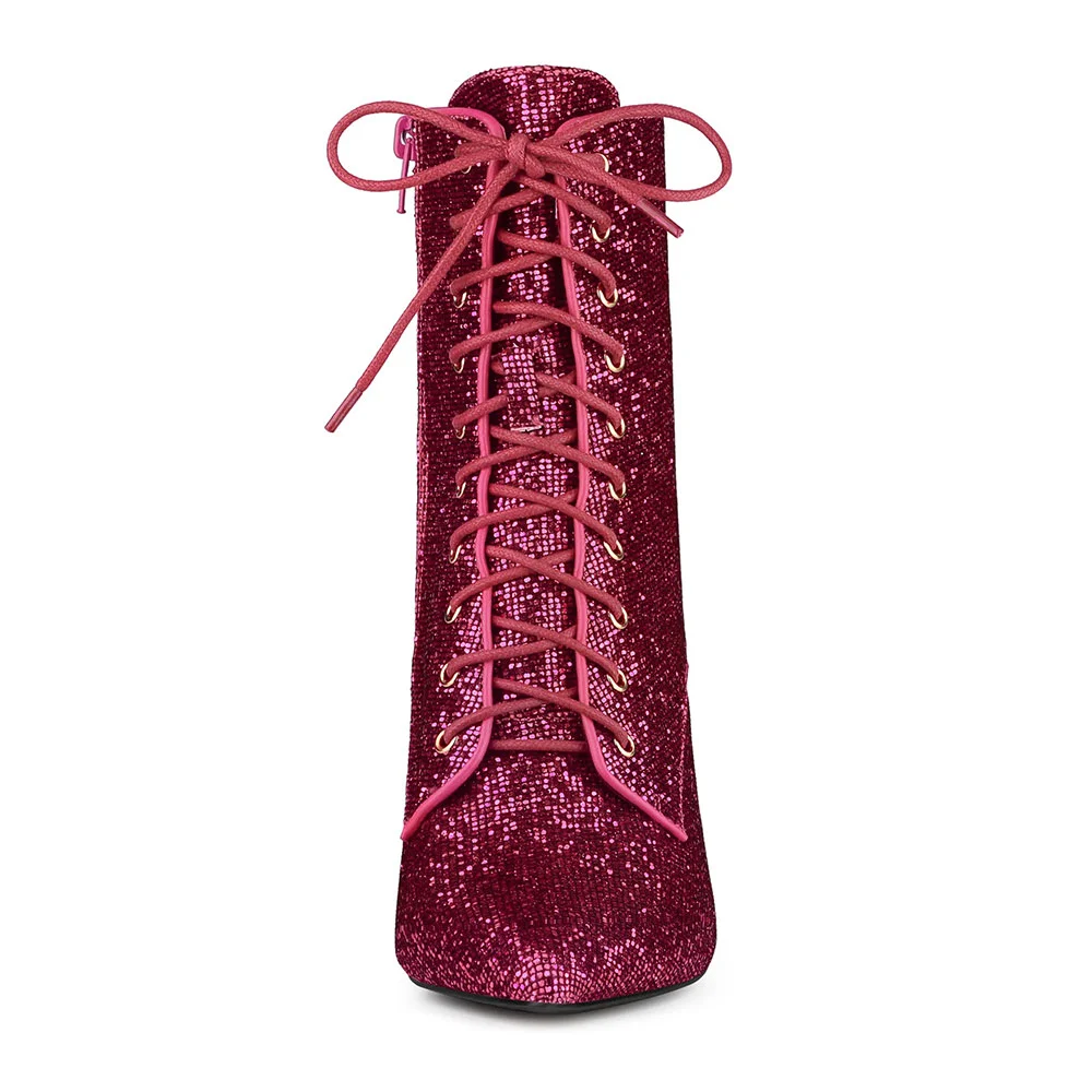 Fuchsia Glitter Chunky Heel Front Lace Up Zipper Pointed Toe Boots