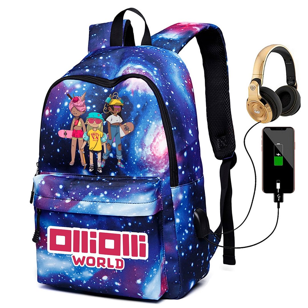 OlliOlli World Backpack with USB Charging Port College Bag 17 inch for School