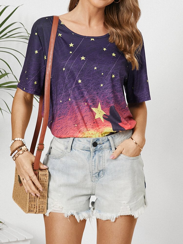 Cartoon Meteor Stars Print O neck Short Sleeve T Shirt For Women P1838696