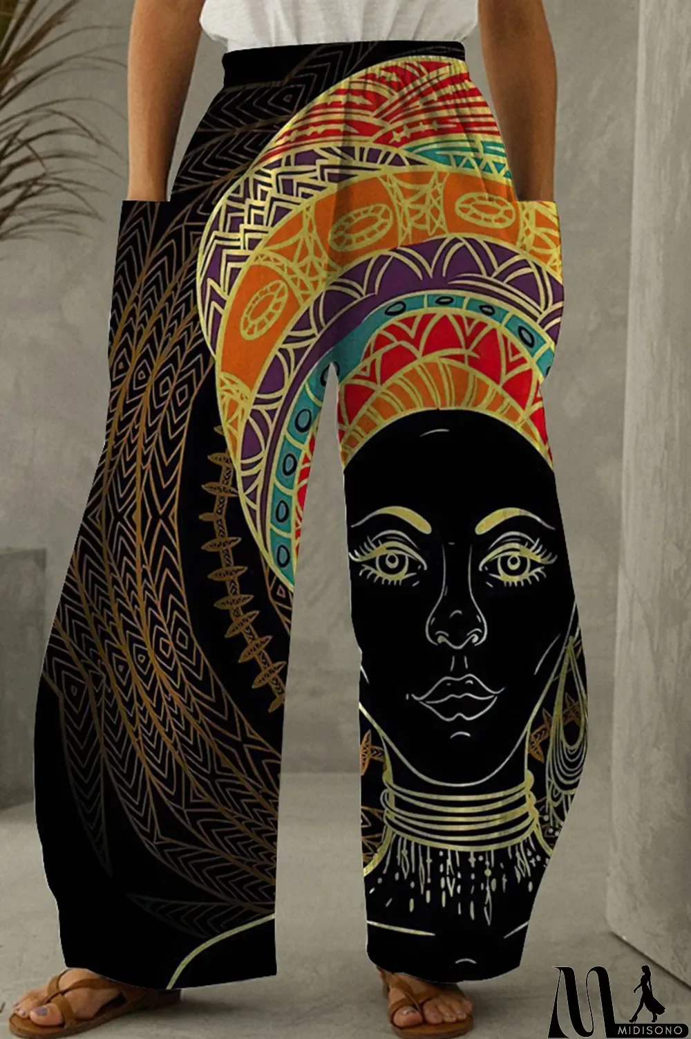 MidiSono - Black Gold Fashion Casual Print Patchwork Pocket Regular High Waist Trousers
