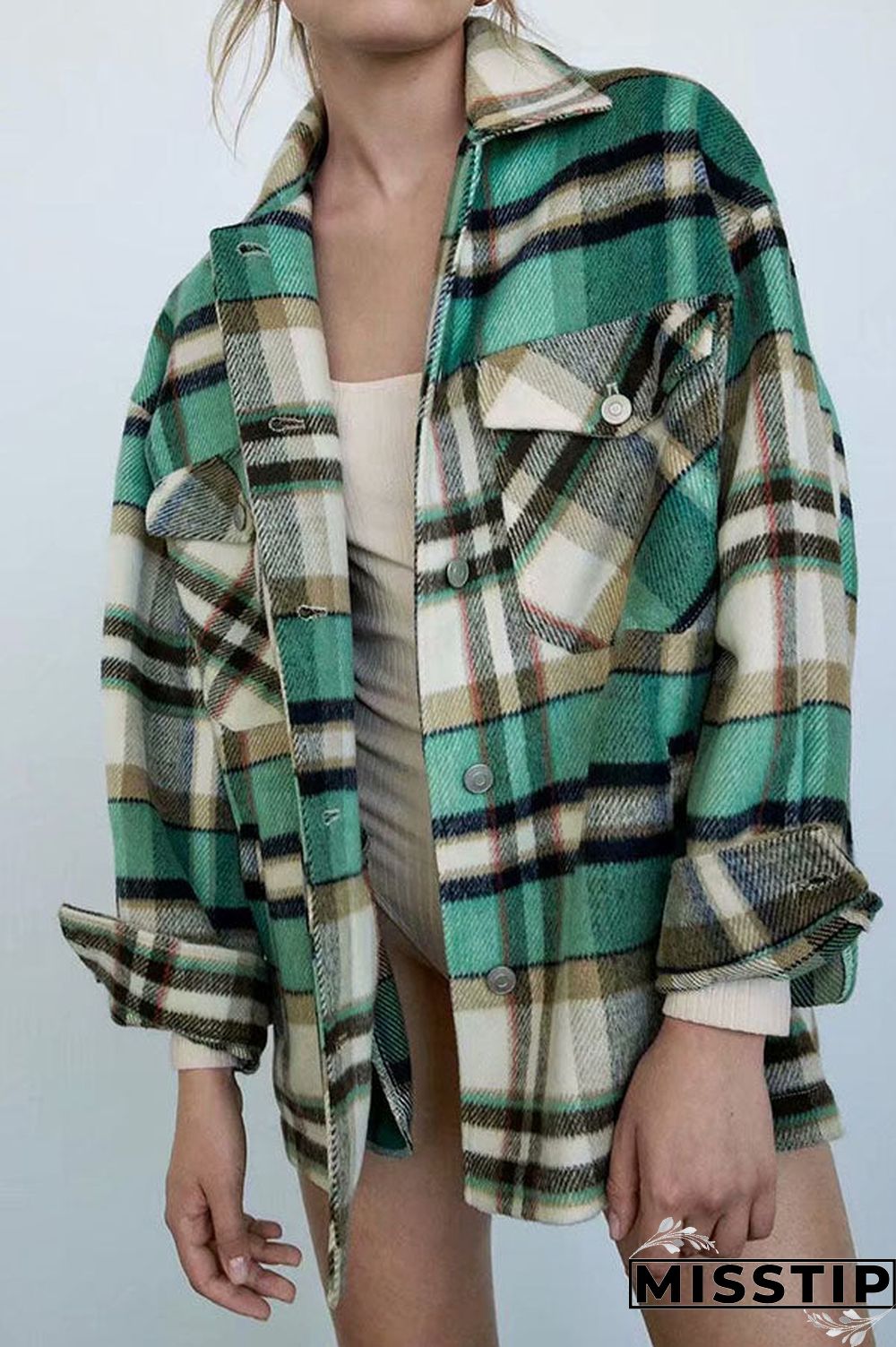 Classic Thick Colorblock Checked Button Down Shirt Jacket Woolen